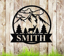 Load image into Gallery viewer, Deer tree and mountains monogram, established last name family sign, metal hunting cabin sign, personalized deer sign, metal wall art