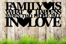 Load image into Gallery viewer, Family what happens when two people fall in love, metal monogram, metal wall decor, metal quote, Housewarming Gift, Christmas gift