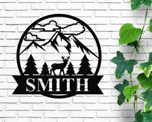 Load image into Gallery viewer, Deer tree and mountains monogram, established last name family sign, metal hunting cabin sign, personalized deer sign, metal wall art