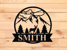 Load image into Gallery viewer, Deer tree and mountains monogram, established last name family sign, metal hunting cabin sign, personalized deer sign, metal wall art