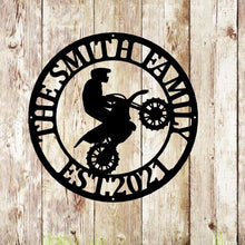 Load image into Gallery viewer, Dirt Bike Rider Name Sign, Motocross Racing Sign, Boys Bedroom Decor, Kids Dirt Bike Wall Art, Girls Dirt Bike Decor, metal wall art