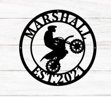 Load image into Gallery viewer, Dirt Bike Rider Name Sign, Motocross Racing Sign, Boys Bedroom Decor, Kids Dirt Bike Wall Art, Girls Dirt Bike Decor, metal wall art