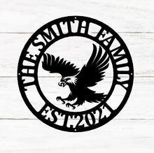 Load image into Gallery viewer, metal eagle sign, eagle's nest monogram, last name metal sign, eagle hoome decor, eagle wall art,