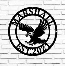 Load image into Gallery viewer, metal eagle sign, eagle's nest monogram, last name metal sign, eagle hoome decor, eagle wall art,