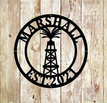 Load image into Gallery viewer, Personalized Metal Name Sign, Custom Oil Field Sign, Oil Rig Welcome Sign, Rustic Metal Wall Art, Split Monogram Metal Sign, Driller Gift