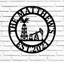 Load image into Gallery viewer, Personalized Metal Name Sign, Custom Oil Field Sign, Oil Rig Welcome Sign, Rustic Metal Wall Art, Split Monogram Metal Sign, Driller Gift