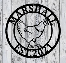 Load image into Gallery viewer, Last Name Chicken Door Hanger, Chicken Garden Flag, Chicken Sign, Chicken Decor, Farmhouse Chicken Wall Decor, rooster