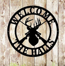 Load image into Gallery viewer, Deer Sign, Deer Antler Decor, Deer Hunter Gift, Deer Camp Sign, Christmas Gift For Him, Deer Name Metal Sign, Fathers Day Gift