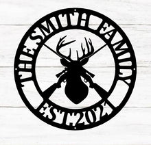 Load image into Gallery viewer, Deer Sign, Deer Antler Decor, Deer Hunter Gift, Deer Camp Sign, Christmas Gift For Him, Deer Name Metal Sign, Fathers Day Gift