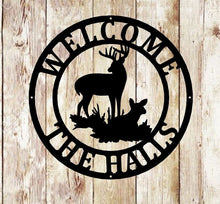 Load image into Gallery viewer, Deer Sign, Deer Antler Decor, Deer Hunter Gift, Deer Camp Sign, Christmas Gift For Him, Deer Name Metal Sign, Fathers Day Gift