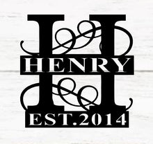 Load image into Gallery viewer, Personalized Family Name Metal Sign, Metal Established Family Sign, Housewarming Gift, Door Hanger, Wedding Gift, Metal Monogram Sign