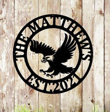 Load image into Gallery viewer, metal eagle sign, eagle's nest monogram, last name metal sign, eagle hoome decor, eagle wall art,