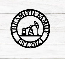 Load image into Gallery viewer, Personalized Metal Name Sign, Custom Oil Field Sign, Oil Rig Welcome Sign, Rustic Metal Wall Art, Split Monogram Metal Sign, Driller Gift