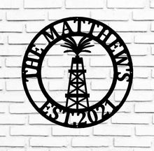 Load image into Gallery viewer, Personalized Metal Name Sign, Custom Oil Field Sign, Oil Rig Welcome Sign, Rustic Metal Wall Art, Split Monogram Metal Sign, Driller Gift