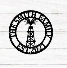 Load image into Gallery viewer, Personalized Metal Name Sign, Custom Oil Field Sign, Oil Rig Welcome Sign, Rustic Metal Wall Art, Split Monogram Metal Sign, Driller Gift
