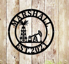 Load image into Gallery viewer, Personalized Metal Name Sign, Custom Oil Field Sign, Oil Rig Welcome Sign, Rustic Metal Wall Art, Split Monogram Metal Sign, Driller Gift