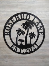 Load image into Gallery viewer, Personalized Palm Tree Metal Sign - Beach House Signs - Door Hanger - Metal Wall Art - Beach Decor - Coastal Decor - Tropical Decor