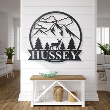 Load image into Gallery viewer, Deer tree and mountains monogram, established last name family sign, metal hunting cabin sign, personalized deer sign, metal wall art