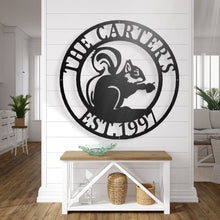 Load image into Gallery viewer, Squirrel Personalized Metal Sign, Cabin Decor, Camping Sign, Campground sign, Camper Birthday Gift, Squirrel Decor, Custom Squirrel Sign