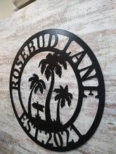 Load image into Gallery viewer, Personalized Palm Tree Metal Sign - Beach House Signs - Door Hanger - Metal Wall Art - Beach Decor - Coastal Decor - Tropical Decor