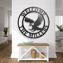 Load image into Gallery viewer, metal eagle sign, eagle's nest monogram, last name metal sign, eagle hoome decor, eagle wall art,