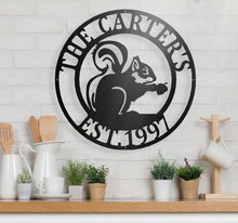 Load image into Gallery viewer, Squirrel Personalized Metal Sign, Cabin Decor, Camping Sign, Campground sign, Camper Birthday Gift, Squirrel Decor, Custom Squirrel Sign