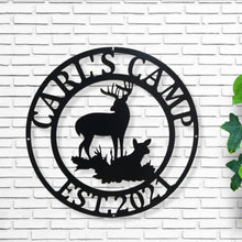 Load image into Gallery viewer, Deer Sign, Deer Antler Decor, Deer Hunter Gift, Deer Camp Sign, Christmas Gift For Him, Deer Name Metal Sign, Fathers Day Gift