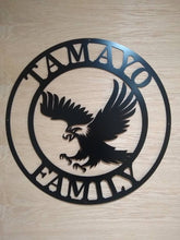 Load image into Gallery viewer, metal eagle sign, eagle's nest monogram, last name metal sign, eagle hoome decor, eagle wall art,