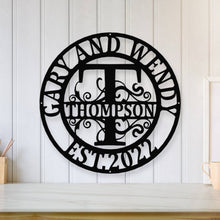 Load image into Gallery viewer, Personalized Family Name Metal Sign, Housewarming Gift, Metal Monogram Sign, Door Hanger, Last Name Sign, Metal Wall Art, Wedding Gift