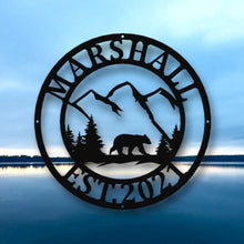 Load image into Gallery viewer, Bear Personalized Metal Sign, Bear In Woods Cabin Sign, Family Name Black Bear Sign, Personalized Bear Sign