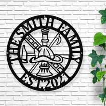 Load image into Gallery viewer, Firefighter Metal Maltese Cross w/ Ladder | Custom Metal Fire Department Sign| Monogram Door Hanger | Firefighter gift |