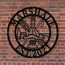 Load image into Gallery viewer, Firefighter Metal Maltese Cross w/ Ladder | Custom Metal Fire Department Sign| Monogram Door Hanger | Firefighter gift |