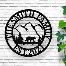 Load image into Gallery viewer, Bear Personalized Metal Sign, Bear In Woods Cabin Sign, Family Name Black Bear Sign, Personalized Bear Sign