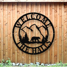 Load image into Gallery viewer, Bear Personalized Metal Sign, Bear In Woods Cabin Sign, Family Name Black Bear Sign, Personalized Bear Sign