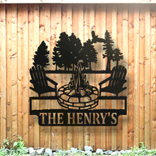 Load image into Gallery viewer, Personalized Campfire Family Name Sign / Metal Wall Decor / Monogram Name Camping Sign / Home Decor / Personalized Outdoor Decor