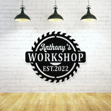 Load image into Gallery viewer, metal garage sign, personalized metal shop sign, tool shed sign, Custom Workshop Sign | Free Shipping | Metal Sign | Gifts | Man Cave