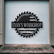 Load image into Gallery viewer, Custom American Flag Workshop Sign | Metal Shop Sign | Free Shipping | Dad Shop | Valentines Day | Garage Sign | USA | Freedom, garage
