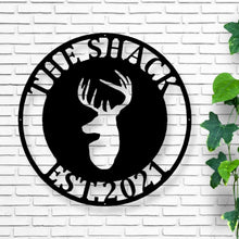Load image into Gallery viewer, Deer Sign, Deer Antler Decor, Deer Hunter Gift, Deer Camp Sign, Christmas Gift For Him, Deer Name Metal Sign, Fathers Day Gift