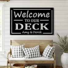 Load image into Gallery viewer, Personalized Family Name Welcome to Our Patio Metal Sign, outdoor metal sign, metal patio sign, family name sign, metal art, metal deck