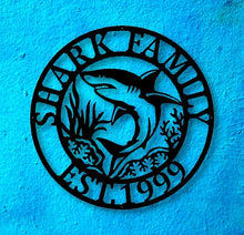 Load image into Gallery viewer, Last name Shark Sign, Shark Metal Sign, Metal Shark Sign, Metal Wall Art, Metal Monogram Sign, Metal Name Plaque, Living Room Decor, Porch
