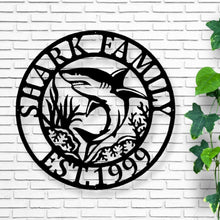 Load image into Gallery viewer, Last name Shark Sign, Shark Metal Sign, Metal Shark Sign, Metal Wall Art, Metal Monogram Sign, Metal Name Plaque, Living Room Decor, Porch