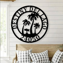 Load image into Gallery viewer, Personalized Palm Tree Metal Sign - Beach House Signs - Door Hanger - Metal Wall Art - Beach Decor - Coastal Decor - Tropical Decor