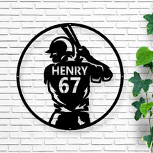 Load image into Gallery viewer, Custom metal baseball name sign, Baseball Name Home Decor, personalized uniform number wall art, bat metal sign, softball steel art