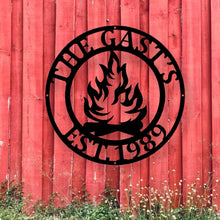 Load image into Gallery viewer, Personalized Campfire Family Name Sign / Metal Wall Decor / Monogram Name Camping Sign / Home Decor / Personalized Outdoor Decor