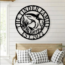 Load image into Gallery viewer, Last name Shark Sign, Shark Metal Sign, Metal Shark Sign, Metal Wall Art, Metal Monogram Sign, Metal Name Plaque, Living Room Decor, Porch