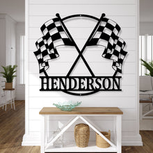 Load image into Gallery viewer, Customizable Metal Checkered Racing Flags sign - Race Car Sign - Racing Sign - Checkered Flags Sign - Metal Checkered Flag - Metal Race Sign