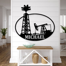 Load image into Gallery viewer, Personalized Metal Name Sign, Custom Oil Field Sign, Oil Rig Welcome Sign, Rustic Metal Wall Art, Driller Gift, oil rig sign,