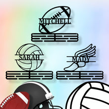 Load image into Gallery viewer, Custom Medal Holder | Personalized Sports Medal Hanger | Display for Ribbons and Medals | Tiered Award Rack | Medal Holder for Kids
