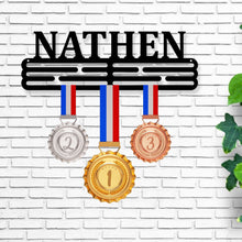 Load image into Gallery viewer, Custom Name Medal Hanger Monogram, Custom Medal Holder, Personalized Sports Medal Hanger, Award Holder, Medal Display, Running Medal Holder