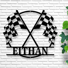 Load image into Gallery viewer, Customizable Metal Checkered Racing Flags sign - Race Car Sign - Racing Sign - Checkered Flags Sign - Metal Checkered Flag - Metal Race Sign